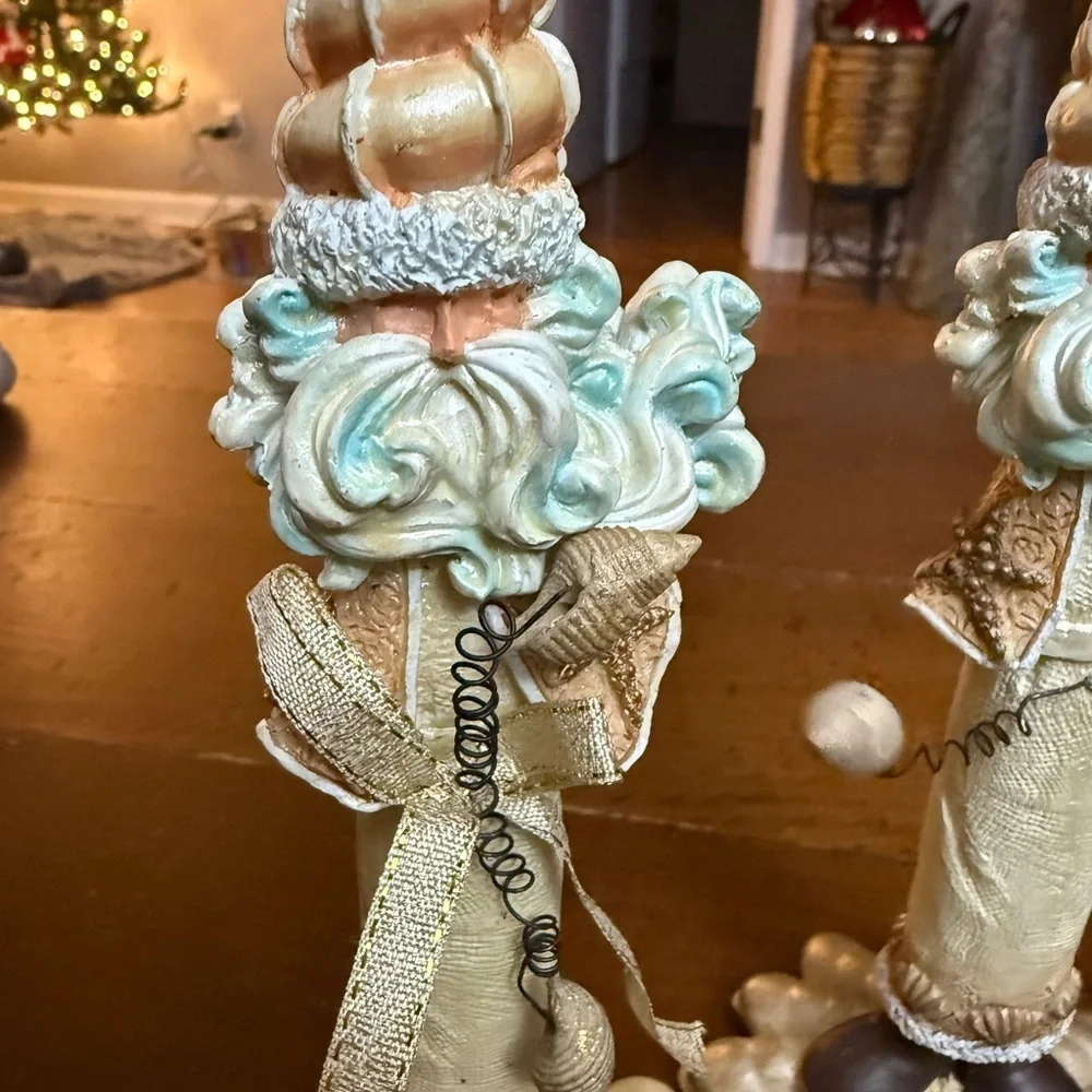 Santa at the beach candlesticks, blue and cream. Preowned